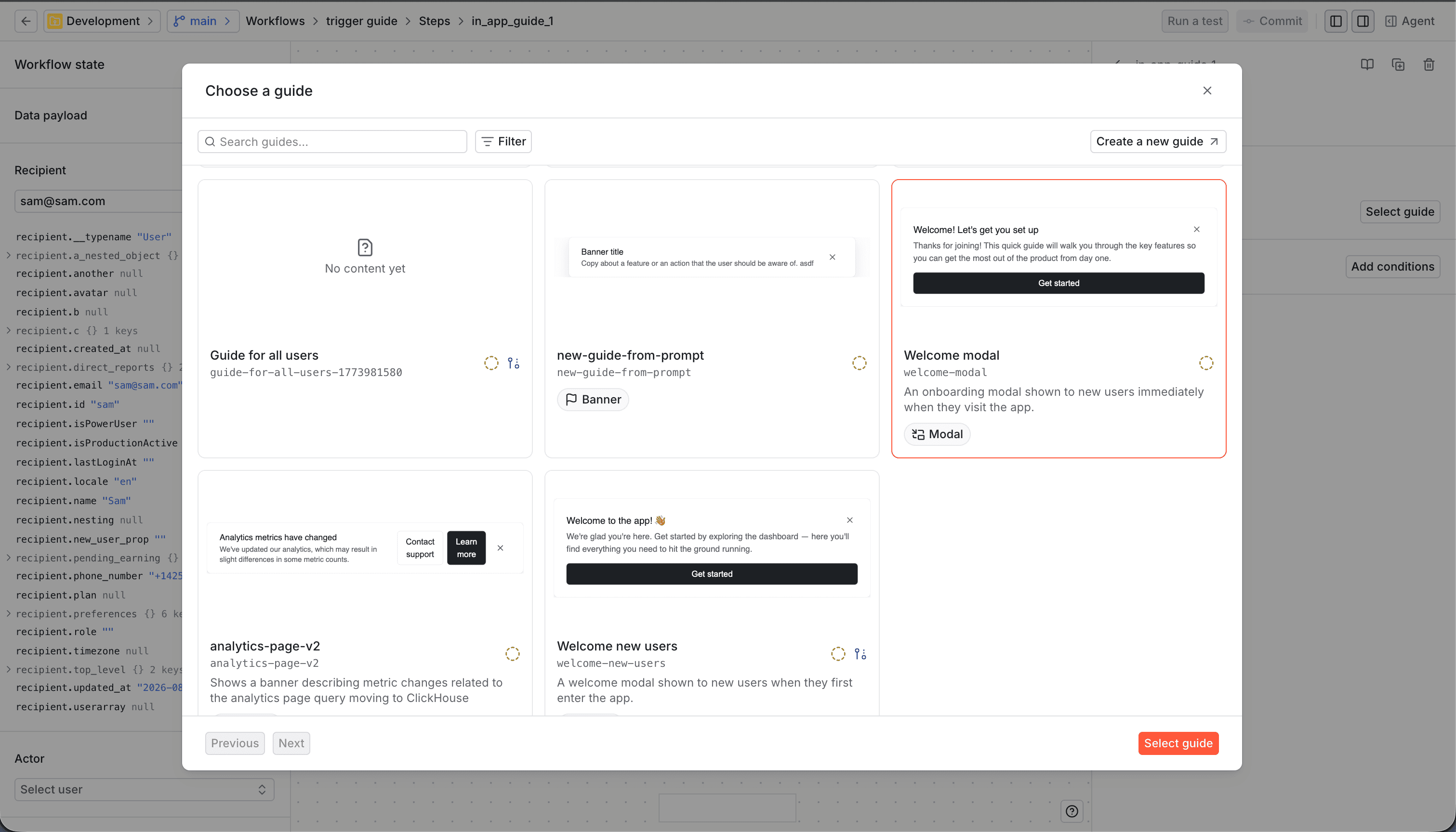 Selecting a committed guide in the in-app guide step